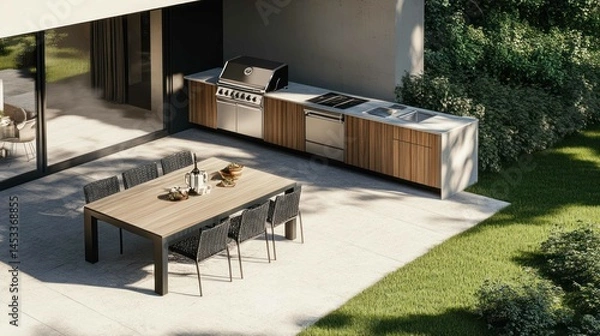Obraz Modern outdoor kitchen with dining table on a patio, backyard BBQ
