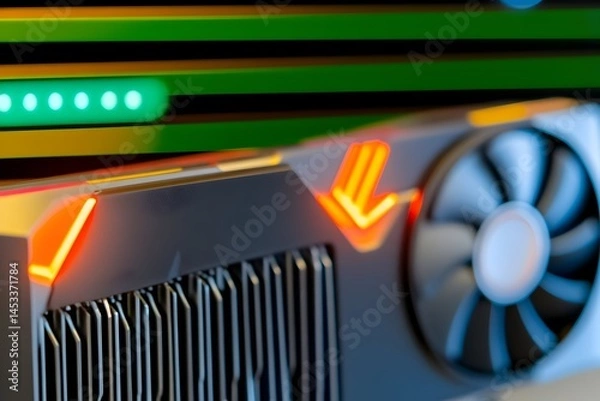 Fototapeta Close-up of a graphics card with illuminated accents and a cooling fan  The card rests against a background of green an