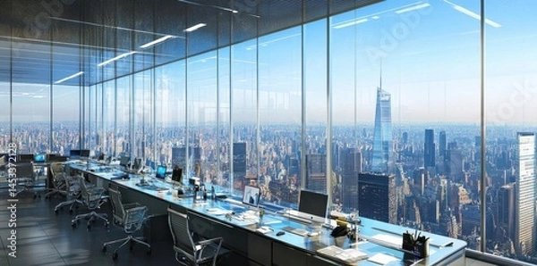 Fototapeta Office With City View Shows Modern Workspace Concept and Open Environment