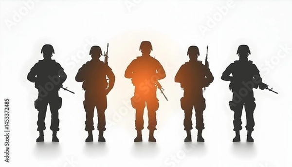 Fototapeta Five soldiers stand in silhouette armed and ready  One soldier is highlighted in warm light