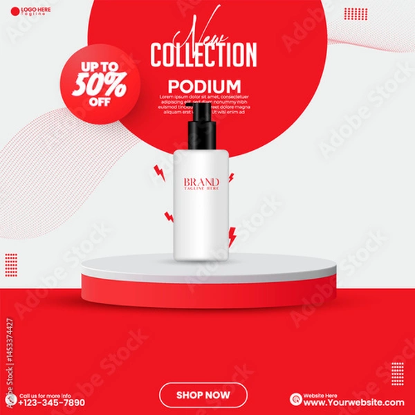 Fototapeta Cosmetics product advertisement poster design. Red color social media product sale empty abstract podium design. Red color studio background design template with abstract shape. 