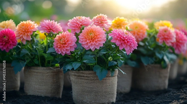 Fototapeta Colorful dahlias in full bloom arranged in a neat row, bathed in warm sunlight. Pink, orange, and yellow blossoms in burlap pots symbolize joy, renewal, and the vibrance of summer life.

