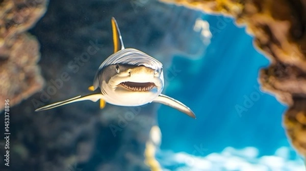 Fototapeta A grey reef shark swims towards the camera, its mouth slightly open, in a vibrant underwater scene