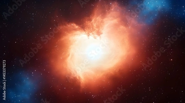 Fototapeta A vibrant nebula swirls around a brilliant central light, fiery orange and red hues contrasting with cooler blues in the cosmic background