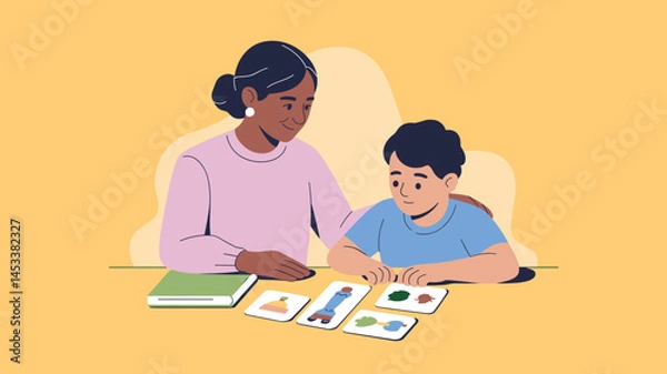 Fototapeta Engaging learning activity between a caregiver and child focusing on educational card games in bright setting