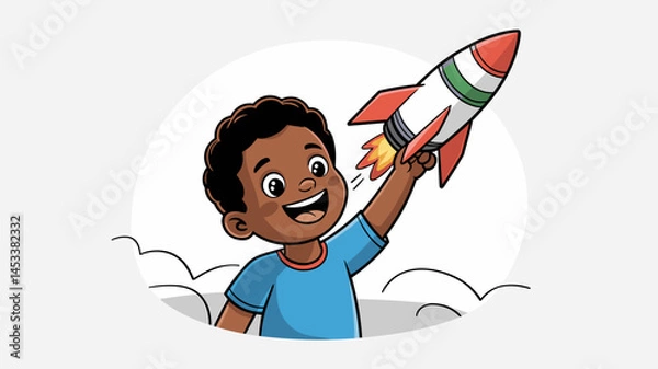 Fototapeta Child joyfully launches colorful rocket against a cloudy backdrop with excitement and imagination