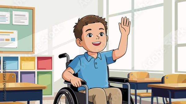 Fototapeta Young boy in wheelchair raises his hand enthusiastically in classroom setting filled with colorful furniture