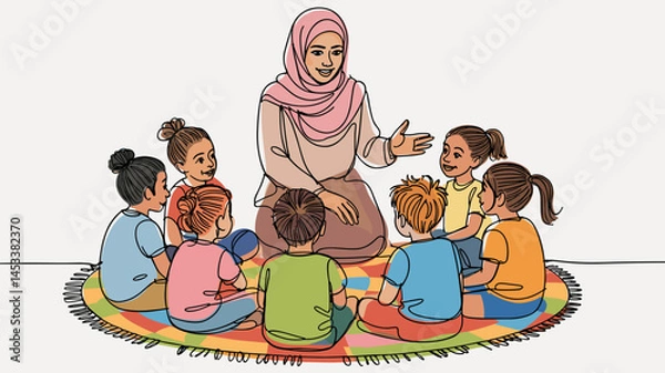 Fototapeta Teacher engages children in storytelling activity on colorful rug in bright classroom setting during sunny day