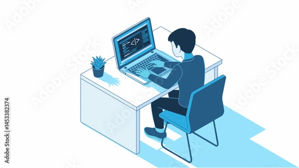 Fototapeta Coding enthusiast works on laptop at desk with plant and modern aesthetic in bright workspace