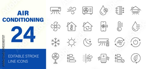 Fototapeta Air Conditioning icon set. Containing fan, wind, blow, air conditioner, cooling appliance, cooling fan, air cleaner, climate control, heating and more. Editable line icons. Vector illustration.