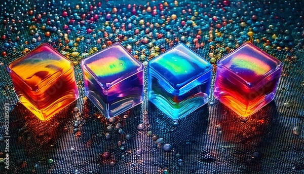 Fototapeta translucent cubes, futuristic objects, abstract geometry, digital art, symmetrical arrangement, glowing elements, reflective surface, sci-fi aesthetic, conceptual design, luminous forms
