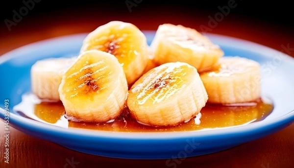 Obraz Caramelized banana slices on a blue plate, glistening with syrup