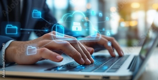 Fototapeta Hands typing on laptop keyboard, digital cloud icons with folders and upload symbols, futuristic style, blurred office background, concept of cloud storage. Ai generative