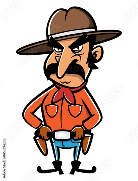 Fototapeta Sheriff cowboys cartoon characters wearing cowboys hat, scarf, jeans, and boots. Carrying a handgun. Best for sticker, logo, and mascot with wild west themes