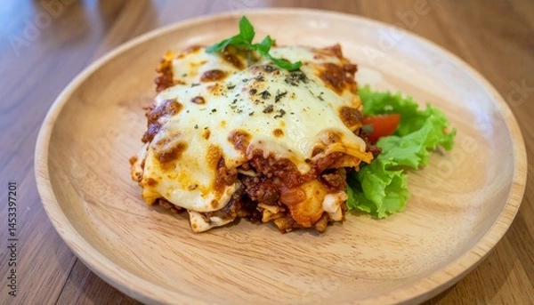 Fototapeta lasagna on wooden with garnish at wood plate at the top table