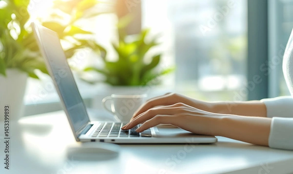Fototapeta Woman Typing on Laptop at Desk in Sunlit Room