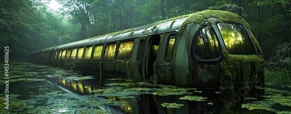 Obraz A crumbling subway car submerged in an overgrown swamp, glowing algae covering its roof A decaying subway car submerged in a swamp, its roof covered in glowing green algae