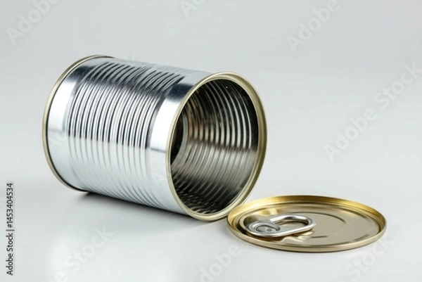 Fototapeta Shiny Metal Can with Lid on White Background, Food Storage Container, Empty Tin Can, Silver Steel