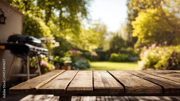 Fototapeta Rustic Wooden Tabletop in a Sunny Garden with Grill and Greenery Perfect for Outdoor Dining and Summer Barbecues