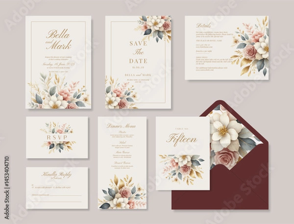 Fototapeta Luxury wedding stationery template with an elegant watercolor bouquet illustration.