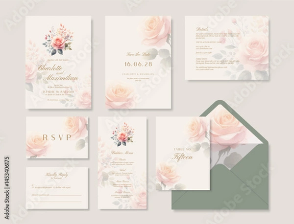 Obraz Minimalist wedding stationery template with a beautiful watercolor bouquet illustration