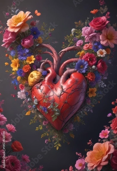 Fototapeta Whimsical hand-drawn heart overflowing with vibrant blooms and symbolic elements , illustration, botanical, graphic