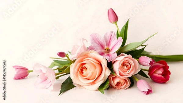 Fototapeta Minimalist Floral Arrangement with Soft Zephyranthes Roses and Tulips Elegant Background and Copy Space Placed on One Side