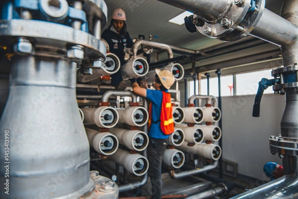 Fototapeta Male worker install is using Industrial oxygen tanks in chemical factory. Oxygen storage vessels, which is either held under pressure in gas cylinders, or as liquid oxygen