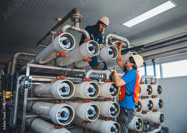 Fototapeta Male worker install is using Industrial oxygen tanks in chemical factory. Oxygen storage vessels, which is either held under pressure in gas cylinders, or as liquid oxygen