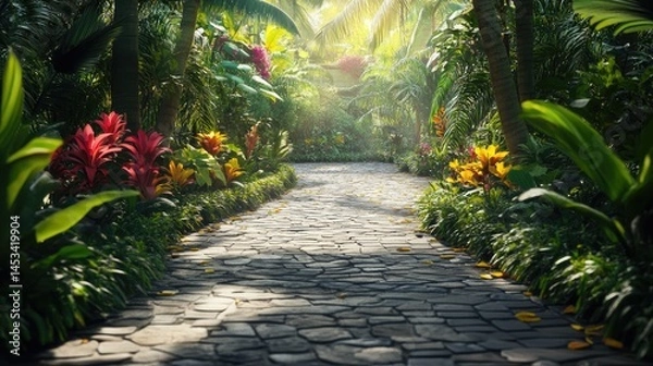 Fototapeta Serene Tropical Garden Path: A Sunlit Walkway Through Lush Greenery