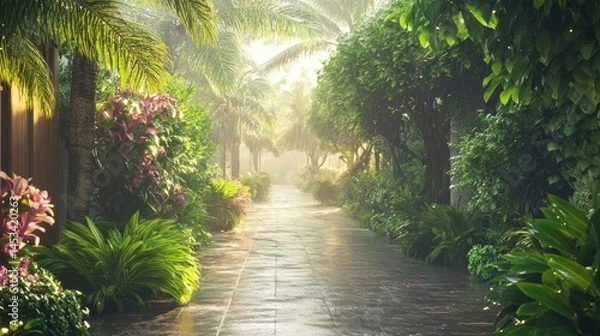 Obraz Serene Tropical Pathway: A Misty Morning Stroll Through Lush Greenery