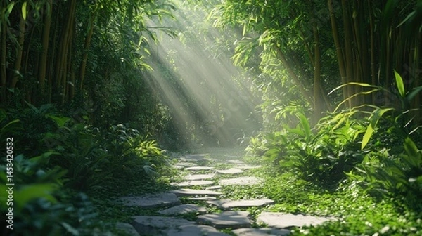 Obraz Sunlit Bamboo Forest Path: A Serene Escape