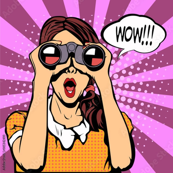 Obraz Wow pop art female face. Sexy surprised woman with open mouth holding binoculars in her hands with speech bubble. Colorful vector background in pop art retro comic style.