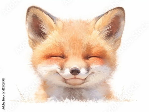 Fototapeta Cute fox cub with a sweet smile, soft fluffy fur in a white background