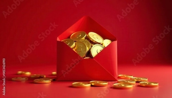 Obraz Scattered gold coins emerge from crimson envelopes against a deep red backdrop , gold, texture