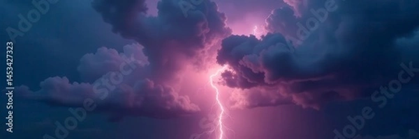 Obraz A single, brilliant lightning bolt cuts through heavy, grey storm clouds , lightning bolt, weather photography