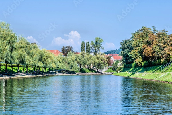 Fototapeta A scenic river lined with lush trees and houses under a clear blue sky.
