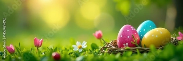 Obraz Vibrant painted eggs nestled in spring grass, bokeh background , eggs, tradition, celebration