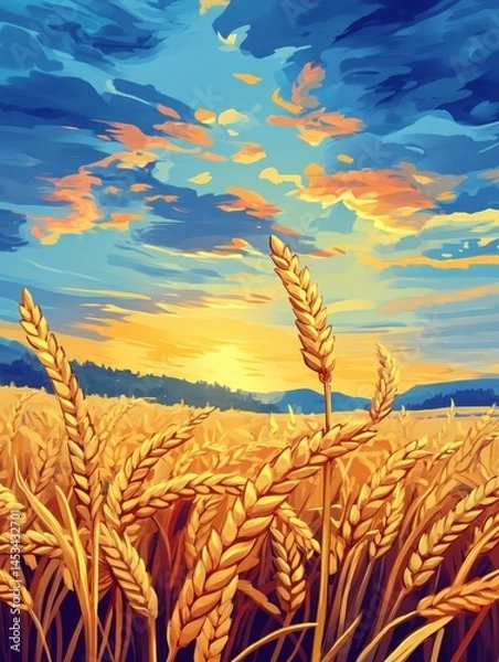 Fototapeta Golden wheat field under a vibrant sky at sunset offering a serene and picturesque landscape