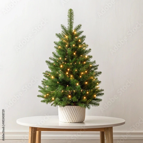 Obraz Tabletop mini tree with fairy lights on white background
