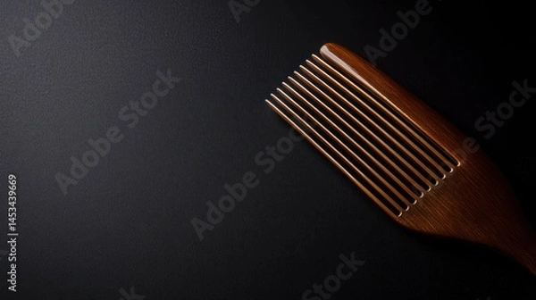 Fototapeta A close-up of a dark wooden afro comb, on a black backdrop.