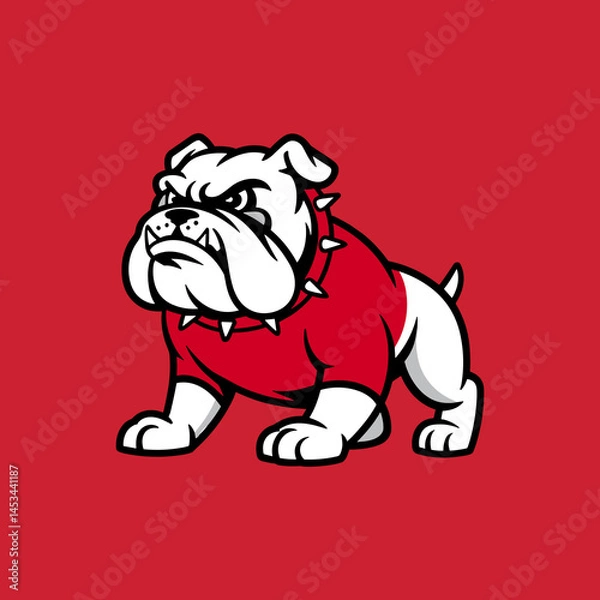Fototapeta Muscular White Bulldog Mascot with Red Spiked Collar in a Dynamic Pose