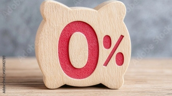 Fototapeta Interest Rate Sign with 0 Percent Displayed on a Wooden Piggy Bank