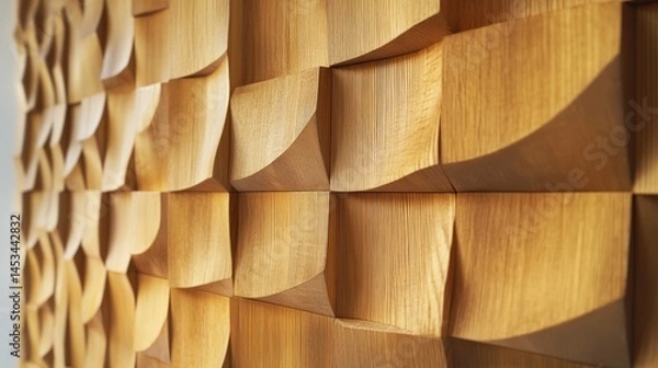 Fototapeta Sculpted wooden paneling with geometric patterns and warm natural tones creating depth