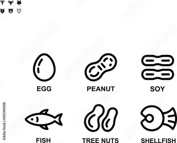 Obraz Food Allergy Icons Set – Egg, Peanut, Soy, Fish, Tree Nuts, Shellfish Allergy Symbols.