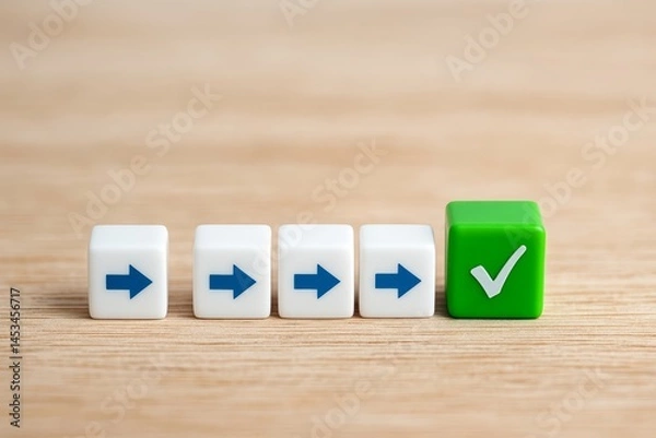 Fototapeta Green Checkmark Success Concept Wooden Background White Cubes Blue Arrows Process Completion Achievement Target Goal Strategy Planning Decision Making Right Choice Correct Answer Business Progress    