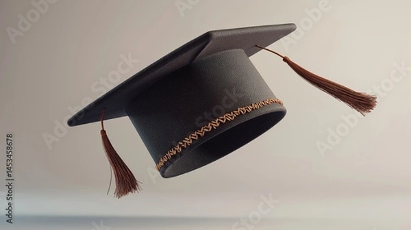 Fototapeta A modern  graduation hat floating in mid-air with soft shadows beneath. The fabric texture, stitching, and tassel movement are captured with photorealistic precision, isolated on a clean background.