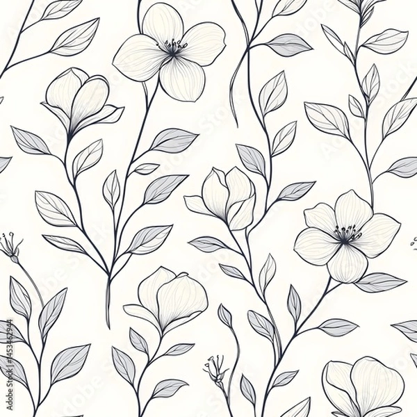 Fototapeta Delicate, repeating pattern of blossoms and foliage in grey and white.