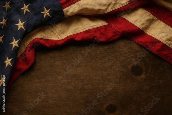 Fototapeta Patriotic American Flag on Rustic Wooden Background Vintage Style National Pride Symbolism Independence Day Memorial Day Veteran Remembrance USA Flag Image Red White Blue Stars Stripes Grunge Texture 
