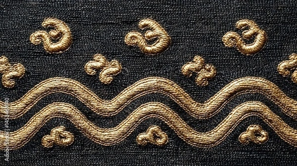 Fototapeta Decorative Gold Embroidery on Black Fabric with Unique Patterns